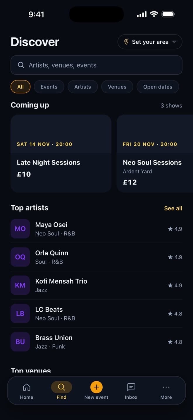 CIRCUIT iPhone app Discover screen with shows coming up and top-rated artists